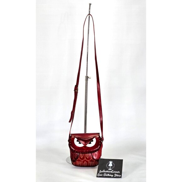 Art93 Women's Red Leather Owl Hand-Stitched Crossbody Purse Size Small 1699 - Picture 3 of 11